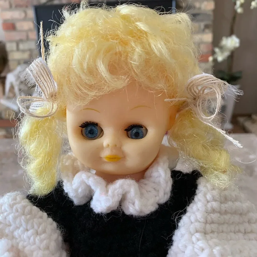 Vintage doll with hand knitted clothes, adorable, rare find, size 13 in